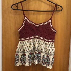 American Rag XXS Boho Crochet Top, Maroon, Floral